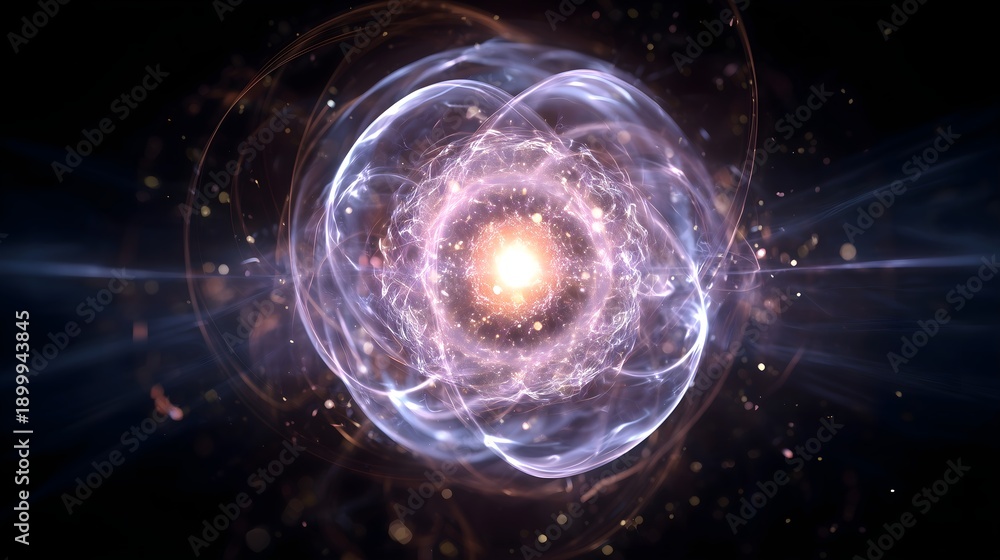 Obraz premium Bright glowing energy atom core with swirling light rings, futuristic particle explosion and abstract science background for physics, technology and space concepts