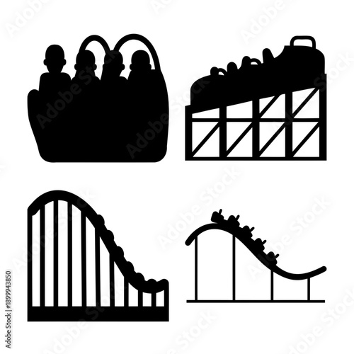 A dynamic collection of black silhouette icons depicting various thrilling roller coaster rides