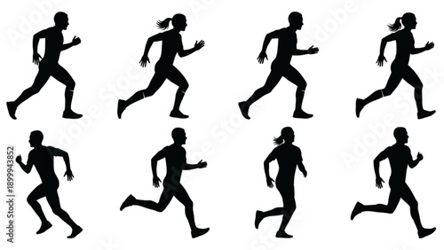 Silhouettes of diverse runners in action from various viewpoints
