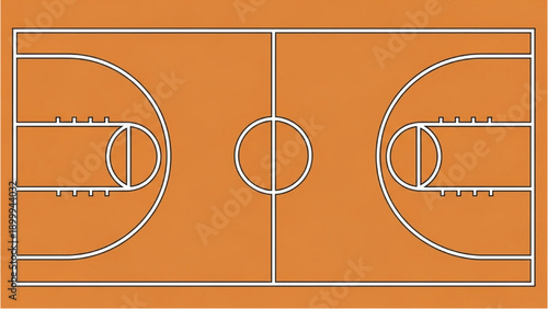 Top view of a basketball court with white lines on an orange surface