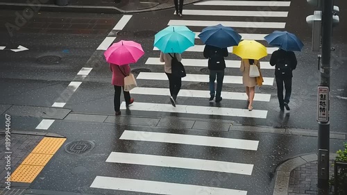 People Crossing Street on Rainy Day with Umbrellas.