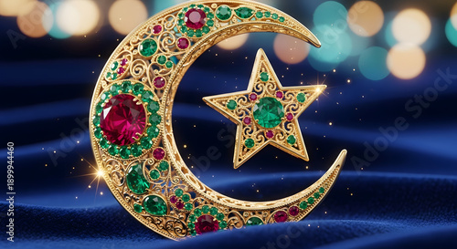 A beautifully crafted crescent moon pendant adorned with sparkling gemstones and a star.