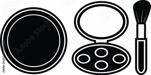 Black and white illustration of makeup compacts and a brush
