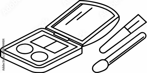 Line art illustration of makeup compact blush and applicators