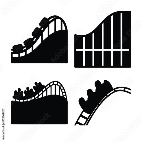 Dynamic black roller coaster icons set showcasing thrilling amusement park rides and tracks
