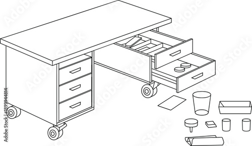 Isometric line art work desk with rolling drawers and organized stationery illustration for office furniture, storage system, and workspace organization concepts