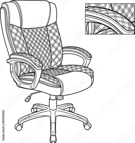 Detailed line art ergonomic office chair illustration with adjustable armrests, wheels, and cushioned backrest for modern workplace furniture design concepts projects branding
