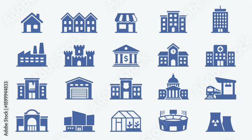 Various blue building icons set on white: architecture and urban infrastructure
