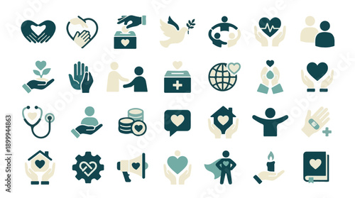 Vector Icons for Charity, Social Support, Healthcare, and Community