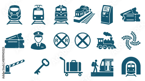 Set of Train, Railway, and Travel Transportation Vector Icons