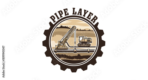 Pipe Layer Logo with Drilling Rig and Excavator in Gear Shape.