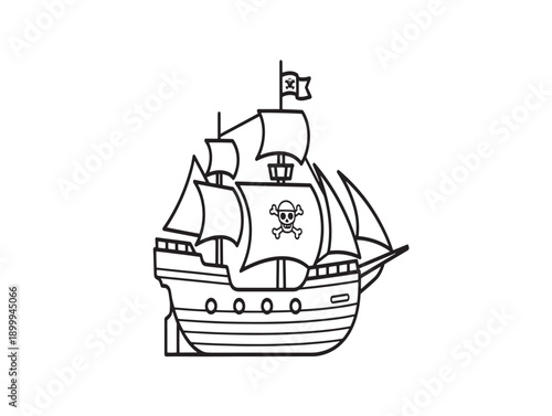Vintage pirate ship illustration with skull and crossbones