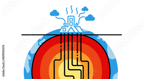 Geothermal Energy Power Plant Icon. Sustainable Earth Core Heat Extraction Diagram. Renewable Resource Concept Illustration.