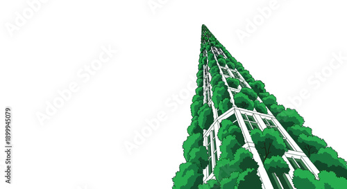 Futuristic Vertical Forest Skyscraper Illustration. Sustainable Architecture and Green Urban Design Concept with Trees Growing on a Tall Building.