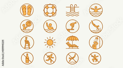 Swimming Pool and Beach Activities with Safety Rule Line Icons Set