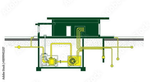 Geothermal Heat Pump System Diagram: Underground HVAC installation cross-section, showing circulation pump, heat exchanger, and ground loops for efficient energy.