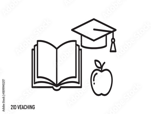 Educational vector illustration with open book, graduation cap, and apple