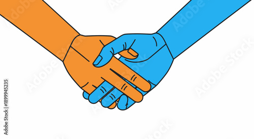 Vector Handshake Illustration: Business Partnership, Agreement, Teamwork, and Collaboration between Contrasting Orange and Blue Hands on White Background.