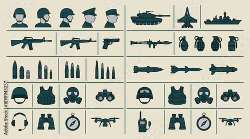 Set of military and armed forces equipment, gear, and vehicle icons