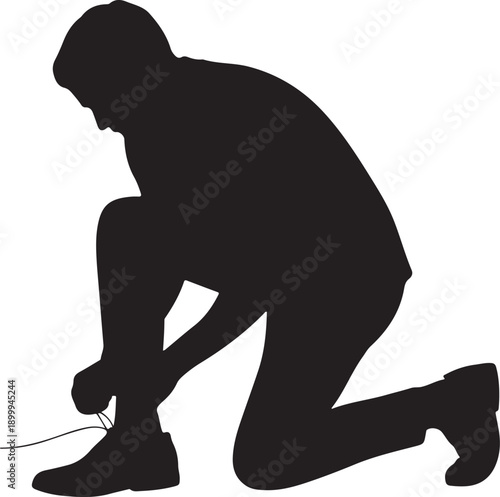 Silhouette of person tying shoelaces on one knee kneeling