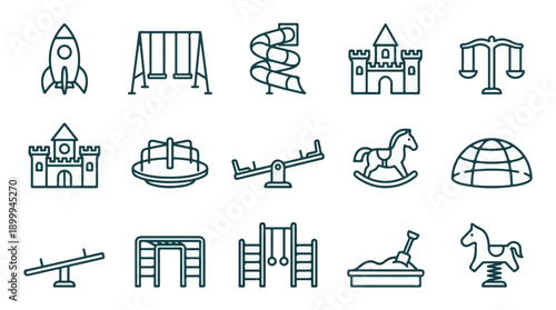 Playground equipment line icons set for kids' outdoor activities
