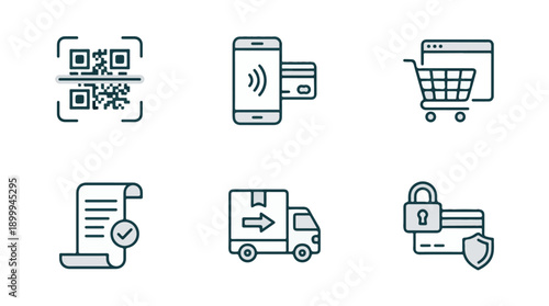 E-commerce, online shopping, mobile payment, delivery & security icon set