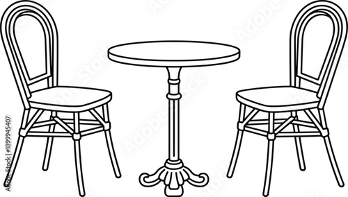 Minimal line art cafe table with two chairs outline illustration vintage bistro furniture set isolated on white background for restaurant interior design