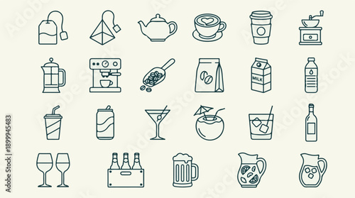 Beverage and cafe drinks line art icons collection, vector illustration set