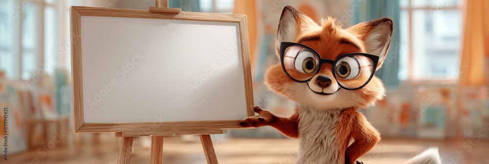 Fototapeta premium A Friendly Clever Fox Teacher Pointing at a Blank Board Inside a Bright Classroom. Playful 3D Illustration Symbolizing Intelligence, Learning and Children’s Education with Copy Space. Generative Ai.