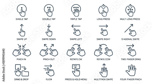 Set of touch screen gesture line icons for mobile interface design