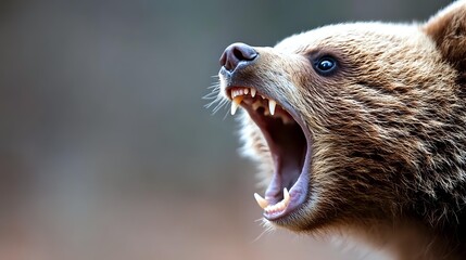 Aggressive brown bear roaring with open mouth showing teeth and fangs in threatening pose for wildlife photography and nature documentation projects.