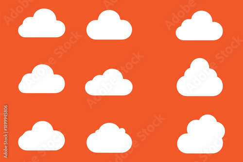 Collection of white cloud shapes vector isolated on sky blue background. Cloud icon set.