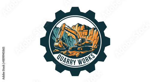Quarry Works Logo with Excavator and Rocky Landscape in Gear Shape.