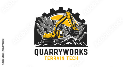Quarryworks Terrain Tech Logo with Excavator and Gear.