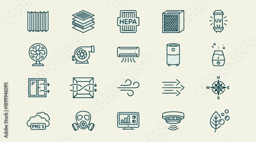 Set of Outline Icons for Air Quality, Filtration, and Ventilation