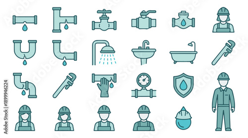 Plumbing Service and Repair Icons: Workers, Pipes, Fixtures, and Tools