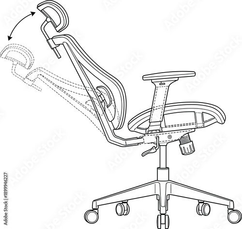 Ergonomic office chair mechanism illustration showing adjustable backrest headrest movement swivel base outline design isolated on white background for workplace education use
