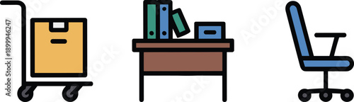 Office furniture icons set featuring delivery cart work desk with files and ergonomic swivel chair flat vector illustration for business workspace design branding