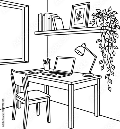Minimal home office line illustration with desk chair laptop lamp bookshelf plants and wall decor isolated on white background workspace interior design