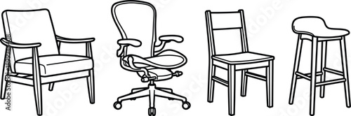 Furniture chair collection line icons featuring armchair office chair dining chair and bar stool in minimal outline style isolated on white background