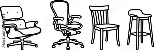 Minimal line art chair icons set featuring lounge chair office chair wooden chair and bar stool furniture outline illustration vector collection isolated monochrome