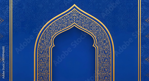 Intricate blue archway with symmetrical patterns and floral motifs