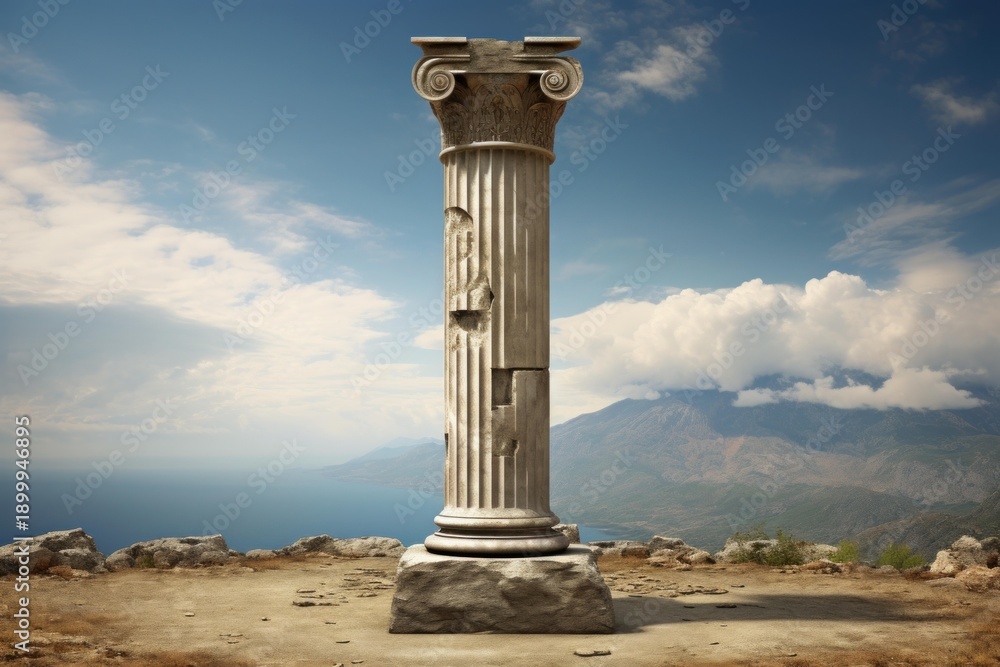 Obraz premium Decayed doric column ruin overlooking the sea and mountains under a blue sky