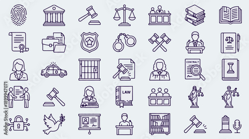 Legal and Justice System Outline Icons - Law and Order Symbols Set
