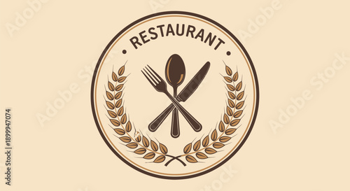 Restaurant Emblem with Cutlery and Laurel Wreath.