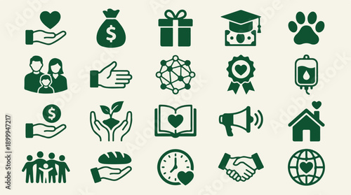 Collection of Flat Vector Icons for Charity, Donation, and Social Causes