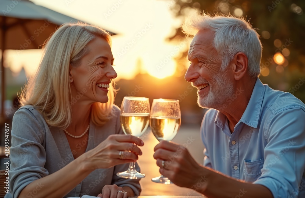 Fototapeta premium Elderly couple enjoys white wine toast outdoors at sunset. Smiling mature man, woman share romantic moment with glasses raised. Peaceful golden hour makes evening special. Companionship, love fill