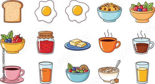 Breakfast food illustration set, eggs toast cereal fruits jam butter coffee juice, cute colorful flat vector icons