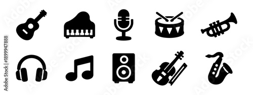 A set of 10 minimalist black icons featuring musical instruments and audio gear like a guitar, piano, microphone, drum, trumpet, and headphones.