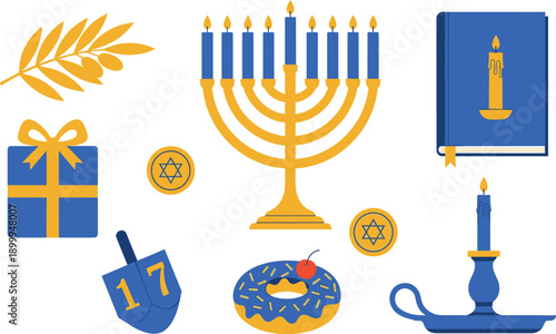 Hanukkah jewish holiday illustration set, menorah dreidel candles symbols, traditional celebration elements, blue gold vector icons